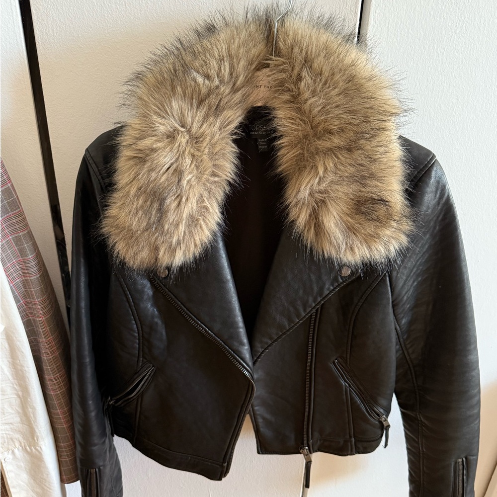 Topshop Black Leather Jacket with Removable Faux Fur Collar